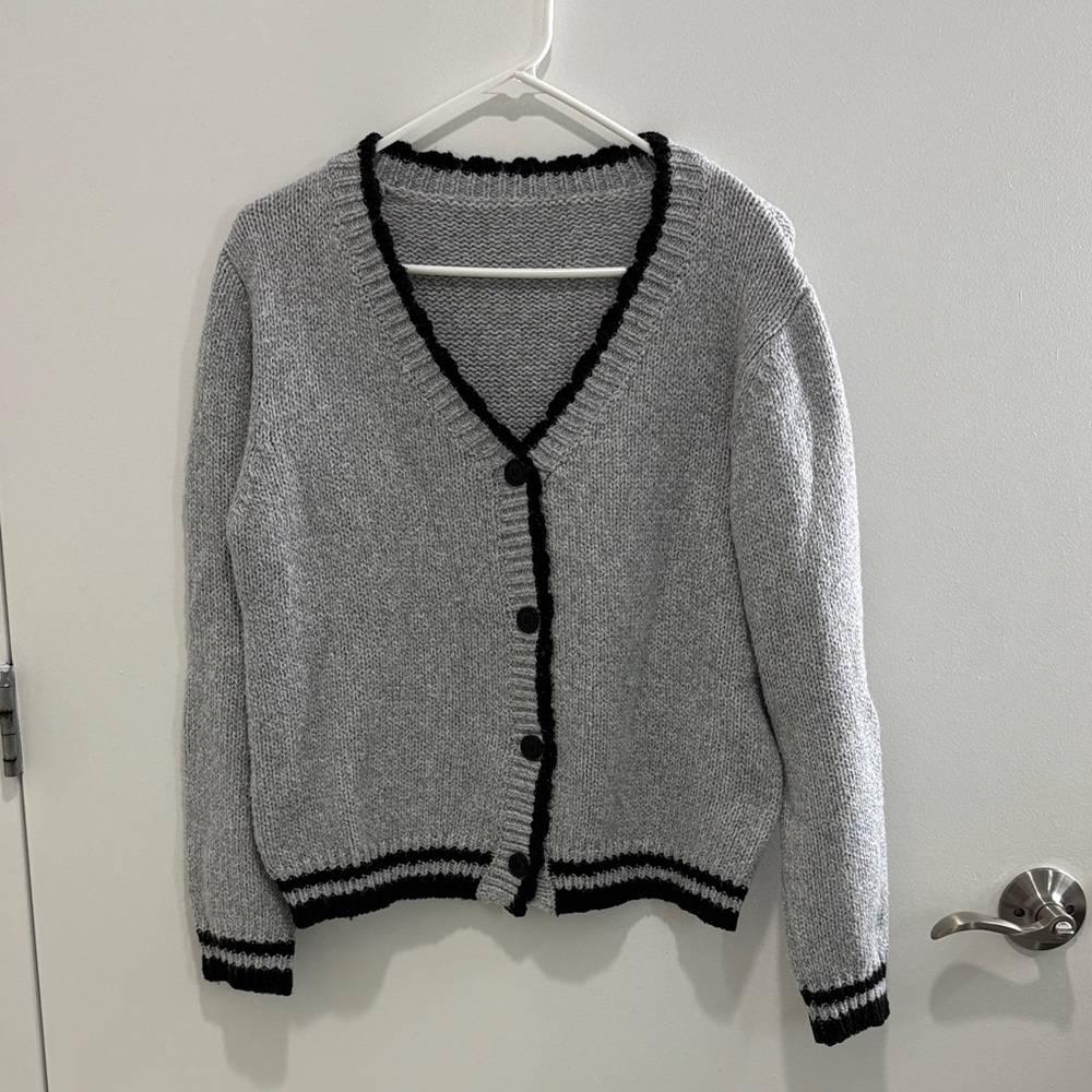 Elegant Gray Cardigan with Black Accents